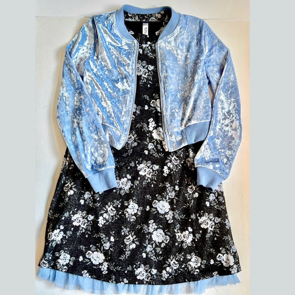 Beautees Matching Set with Black and Blue Floral Dress and Blue Jacket 10-12
